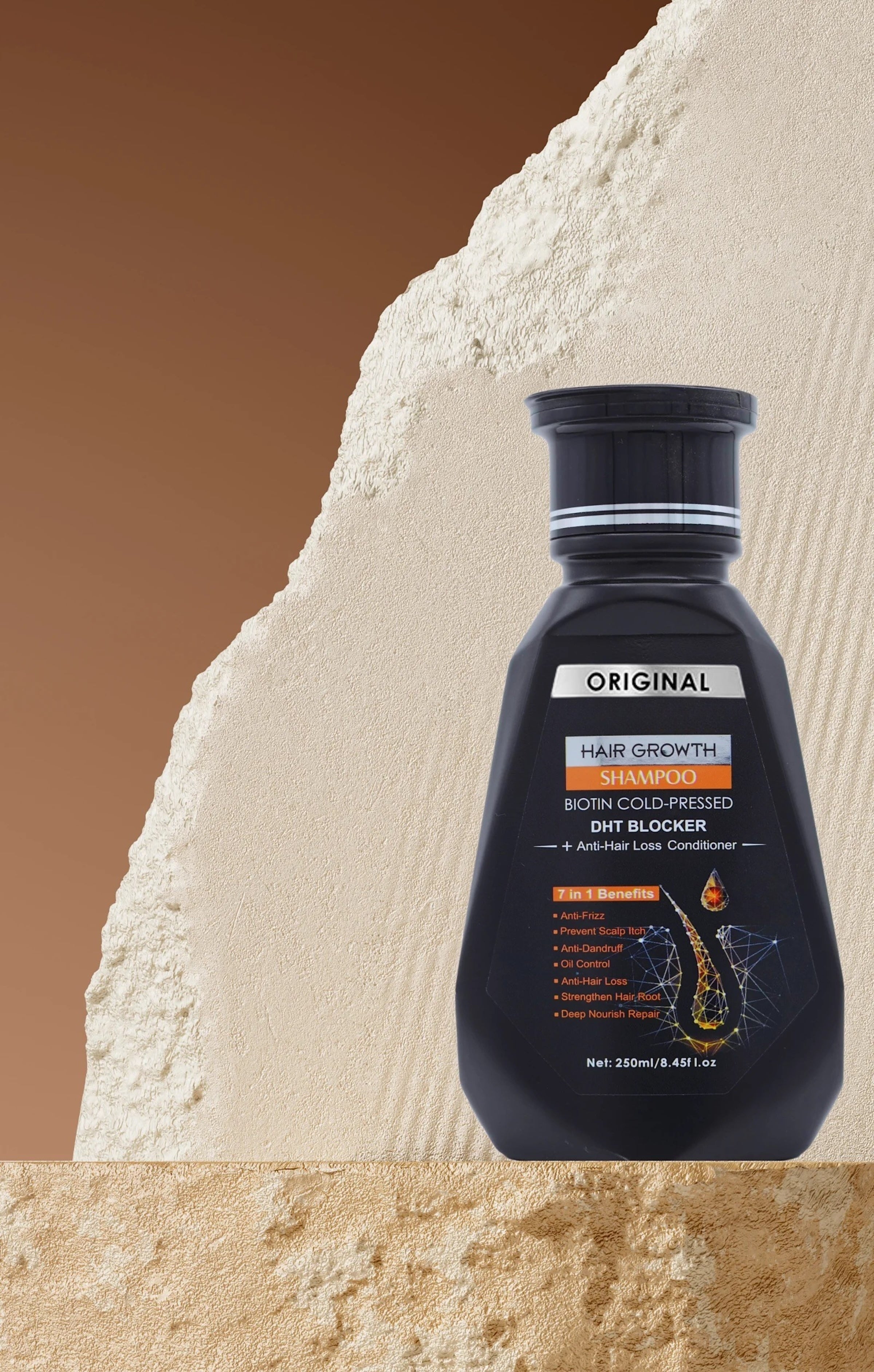 Aurenza Original Hair Growth Shampoo with Biotin, Cold Pressed DHT Blocker, 250ml anti hair loss shampoo in a white bottle