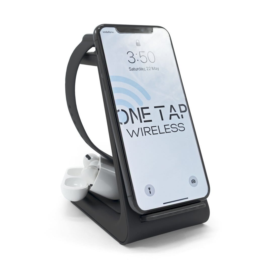 Aurenza Shop PowerBase 3-in-1 wireless charger in black, showing multiple charging pads for Apple devices and accessories.