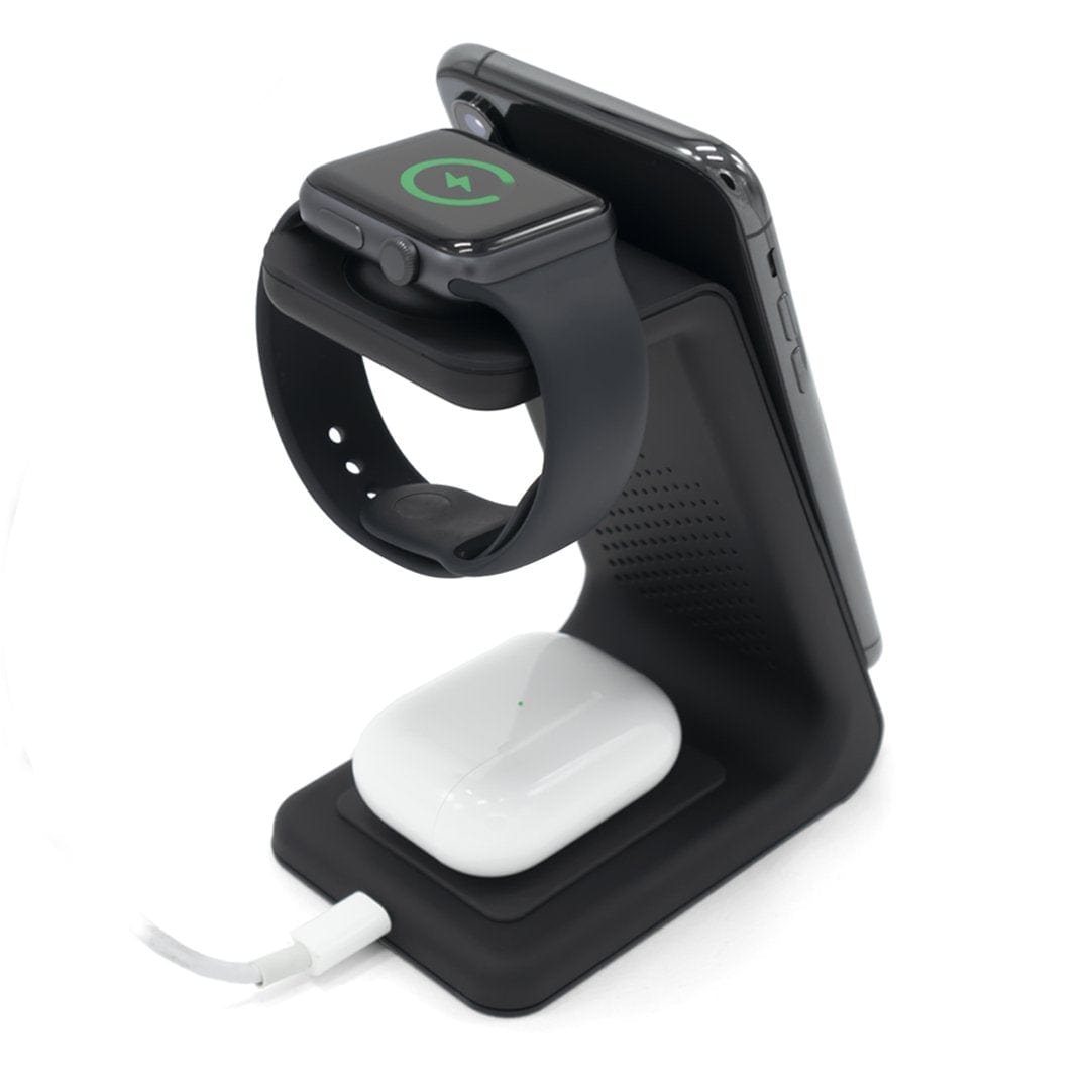 Aurenza PowerBase 3-in-1 wireless charger for Apple devices, black, with multiple charging pads and sleek design.