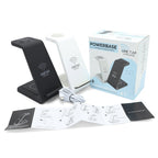 Aurenza PowerBase 3-in-1 wireless charger in black with space to charge iPhone, Apple Watch, and AirPods simultaneously.