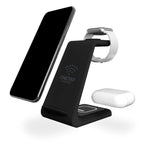 Aurenza PowerBase 3-in-1 wireless charger for Apple devices, black, with place for iPhone, Apple Watch, and AirPods charging.