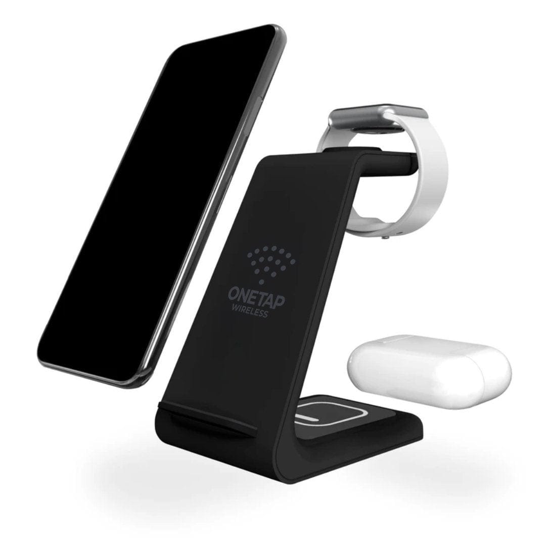 Aurenza PowerBase 3-in-1 wireless charger for Apple devices, black, with place for iPhone, Apple Watch, and AirPods charging.
