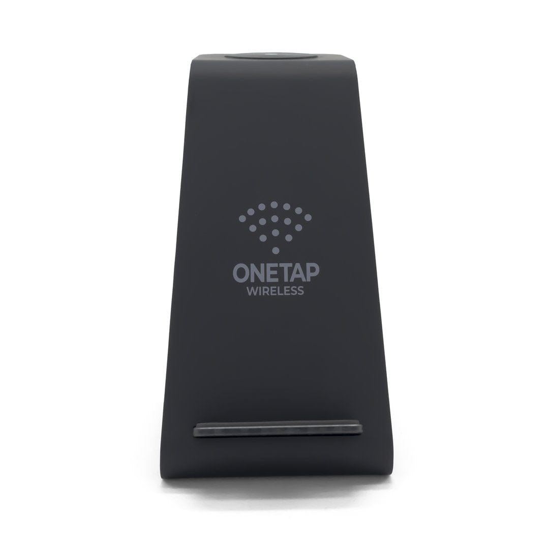 Aurenza Shop PowerBase 3-in-1 wireless charger with black finish, charging a smartphone, smartwatch, and earbuds simultaneously.