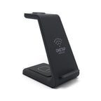 Aurenza PowerBase 3-in-1 wireless charger for Apple devices, black with charging pads for iPhone, Apple Watch, and AirPods.