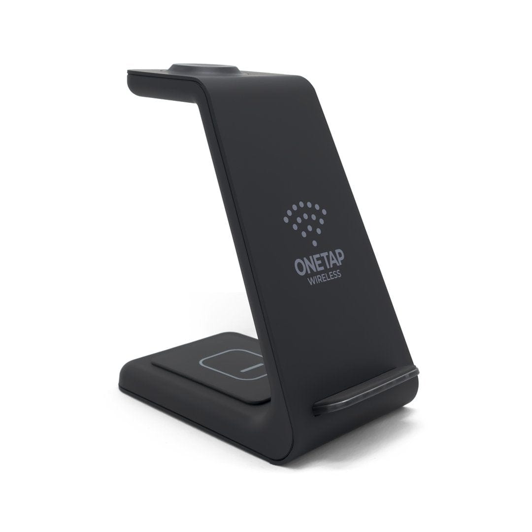 Aurenza PowerBase 3-in-1 wireless charger for Apple devices, black with charging pads for iPhone, Apple Watch, and AirPods.