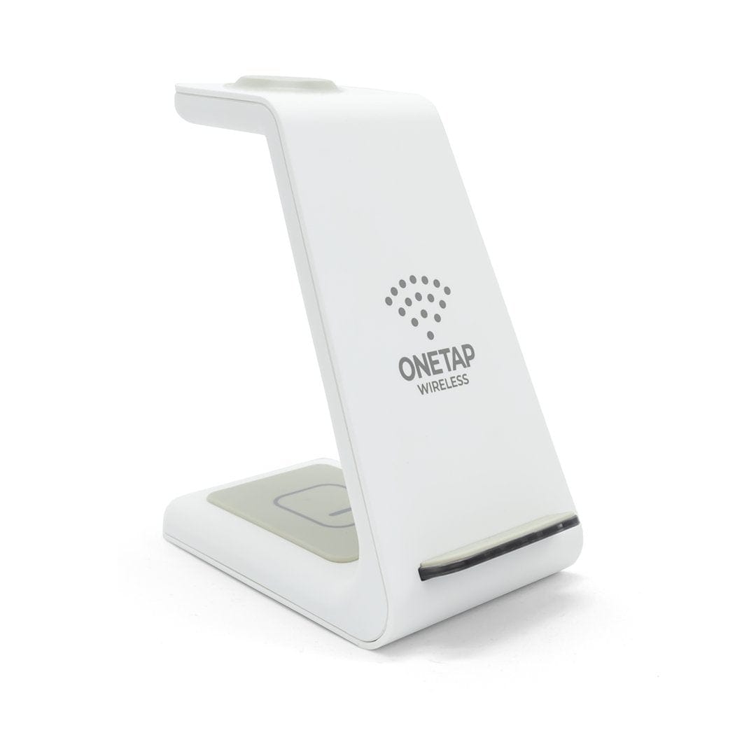 Aurenza PowerBase 3-in-1 wireless charger with black finish, charging Apple devices including iPhone, Apple Watch, and AirPods.