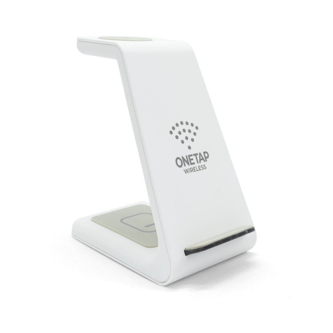 Aurenza PowerBase 3-in-1 wireless charger for Apple devices, black, with charging pads for iPhone, AirPods, and Apple Watch.