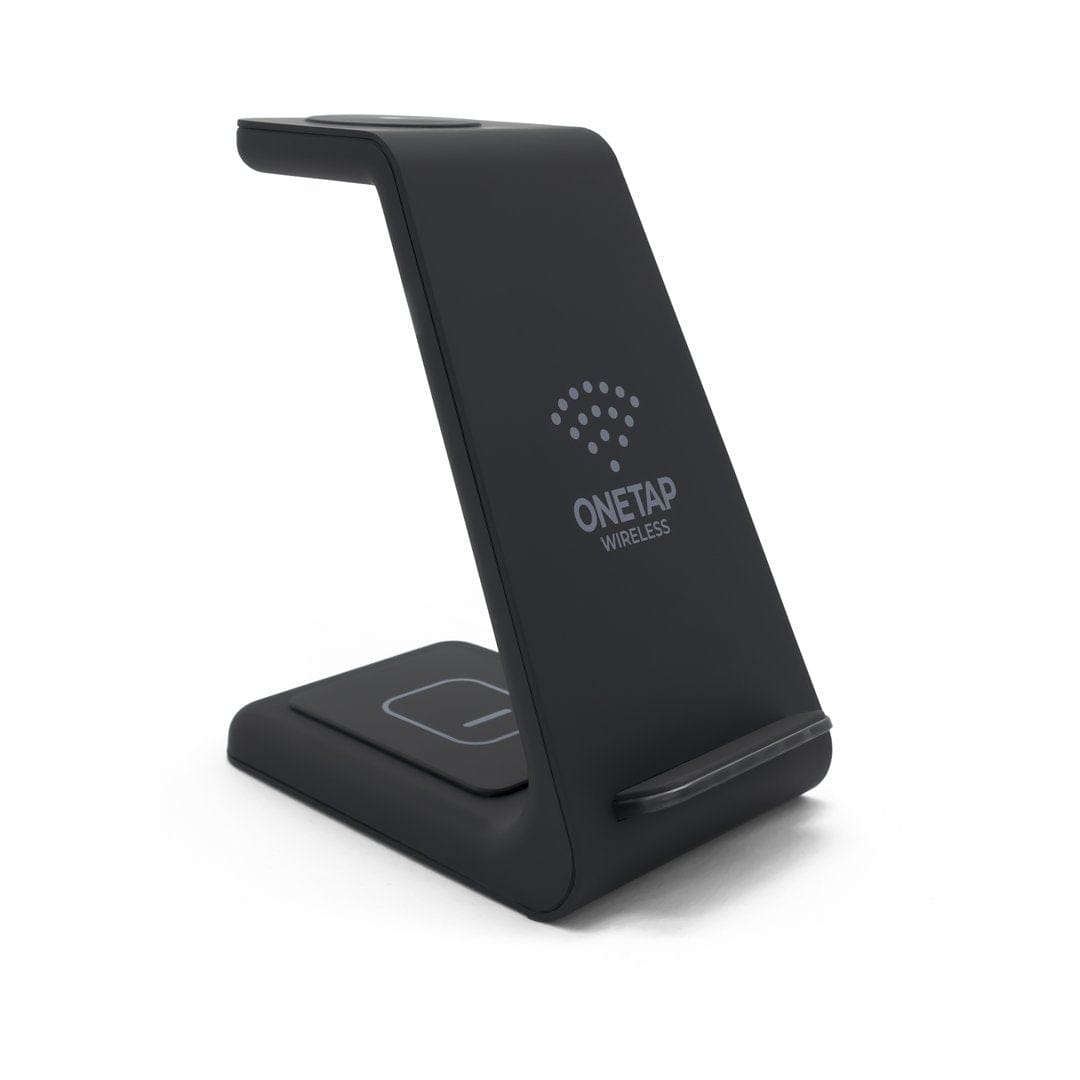 Aurenza PowerBase 3-in-1 wireless charger for Apple devices, black, with charging pads for iPhone, Apple Watch, and AirPods.