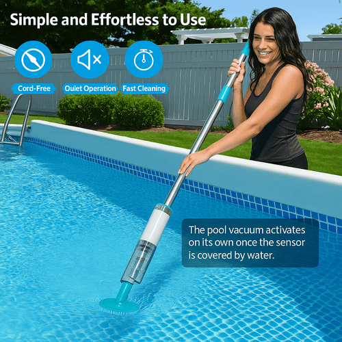 Aurenza AquaVac 3-in-1 cordless rechargeable pool vacuum cleaner with adjustable handle and cleaning head for swimming pools.