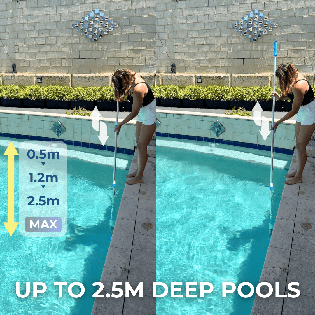 Aurenza AquaVac 3-in-1 cordless rechargeable pool vacuum cleaner with adjustable handle and sleek design for easy pool cleaning.