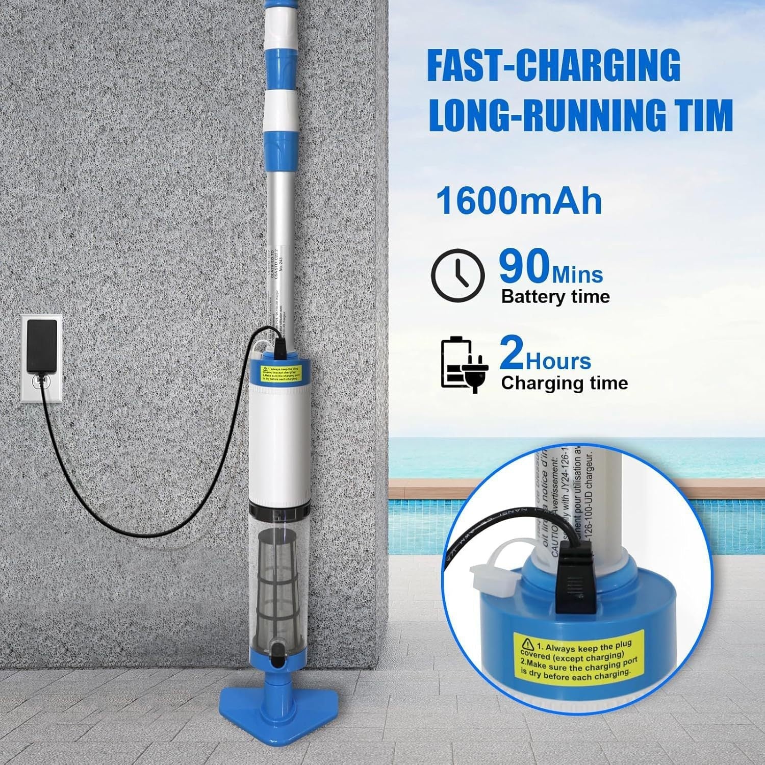 Aurenza AquaVac 3-in-1 cordless rechargeable pool vacuum cleaner with adjustable handle and cleaning attachments, ready for pool cleaning.