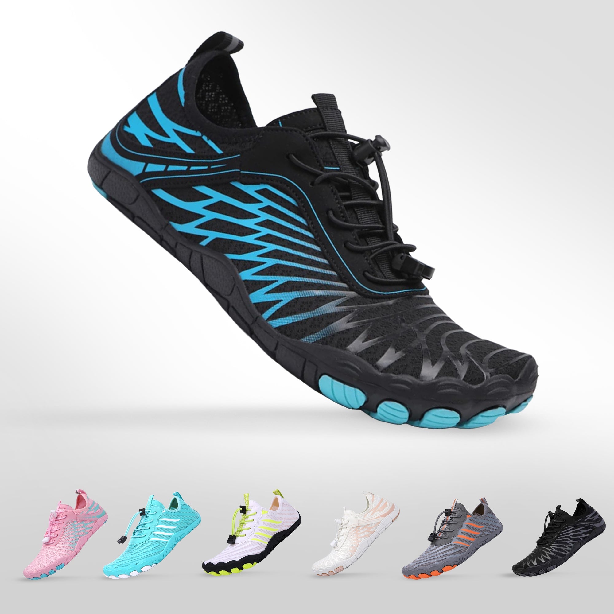 Aurenza Shop unisex barefoot shoes in black with aqua wave design, suitable for healthy feet, shown on feet measuring 23.5cm.