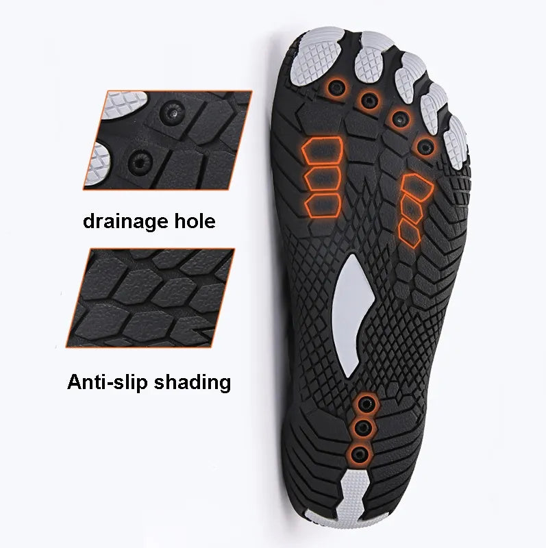 Aurenza Shop black barefoot shoes with aqua wave design, unisex fit, suitable for healthy feet, displayed on a model's feet.
