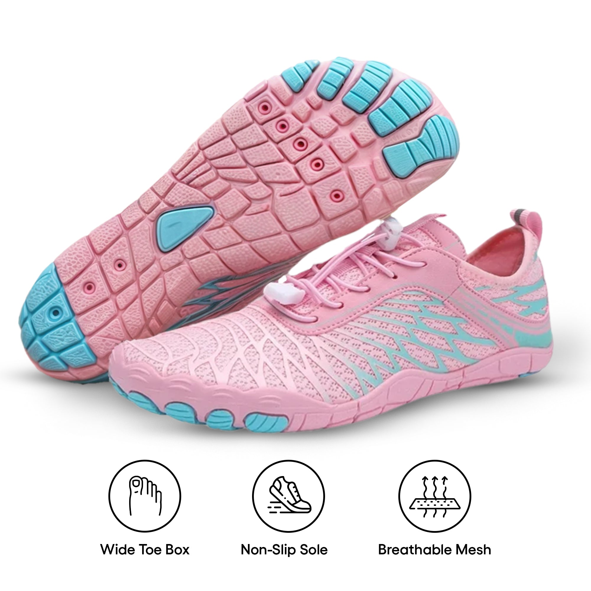 Aurenza Shop unisex barefoot shoes in black with aqua wave design, suitable for healthy feet, worn by men and women.