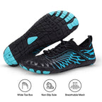 Aurenza Shop black barefoot shoes with aqua wave design for men and women, promoting healthy feet and natural movement.