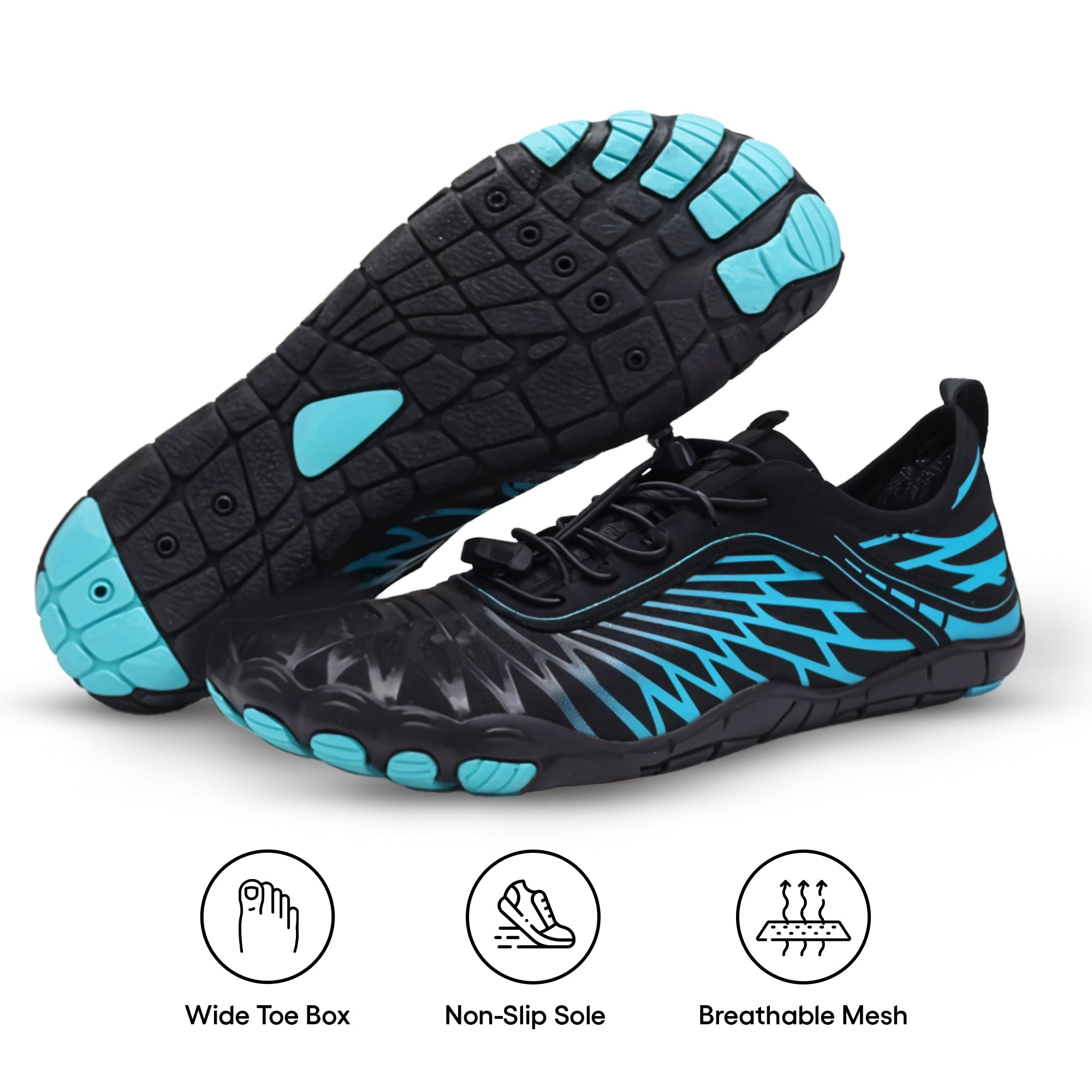 Aurenza Shop black barefoot shoes with aqua wave design for men and women, promoting healthy feet and natural movement.