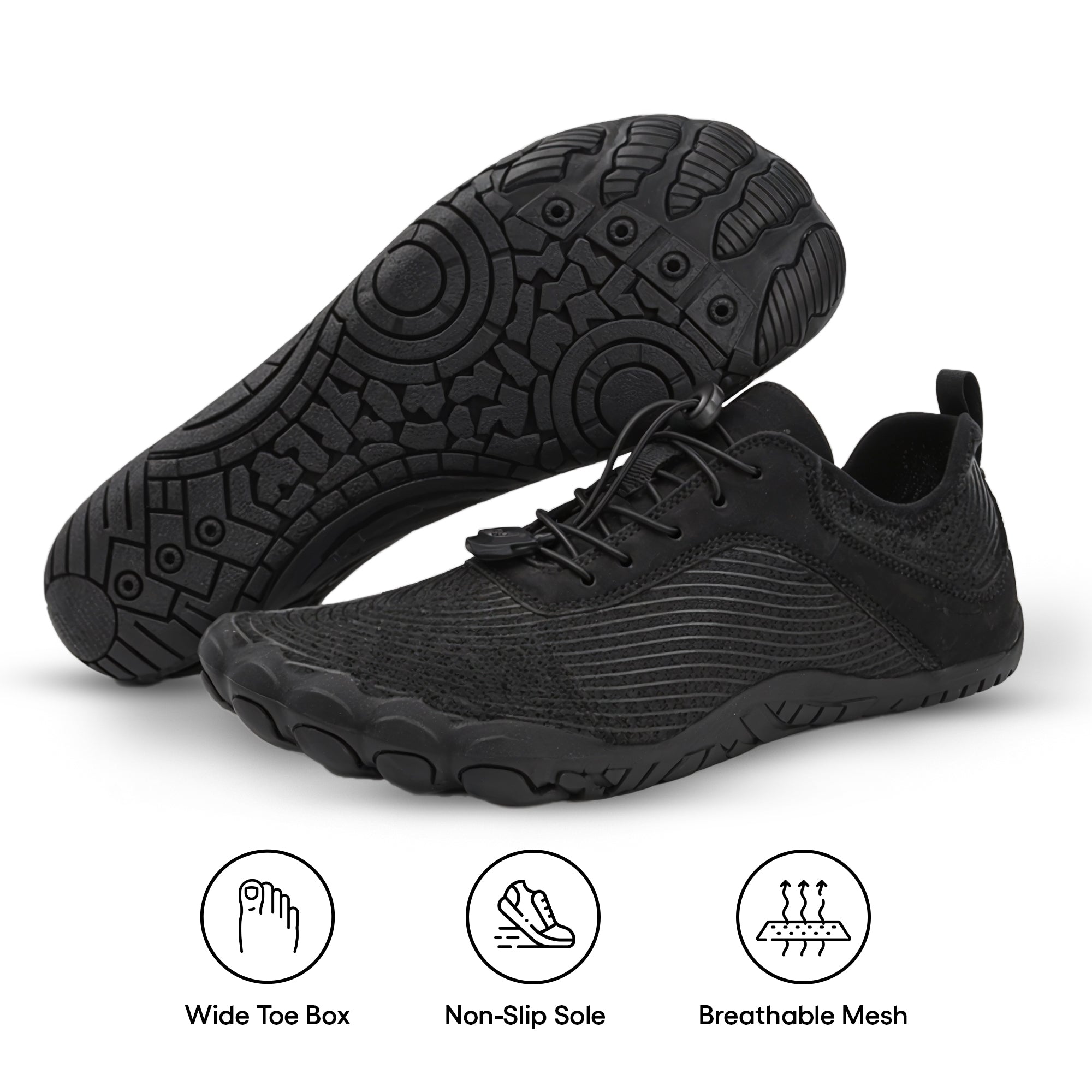 Black unisex barefoot shoes from Aurenza Shop with aqua wave design, designed for healthy foot movement, suitable for men and women.