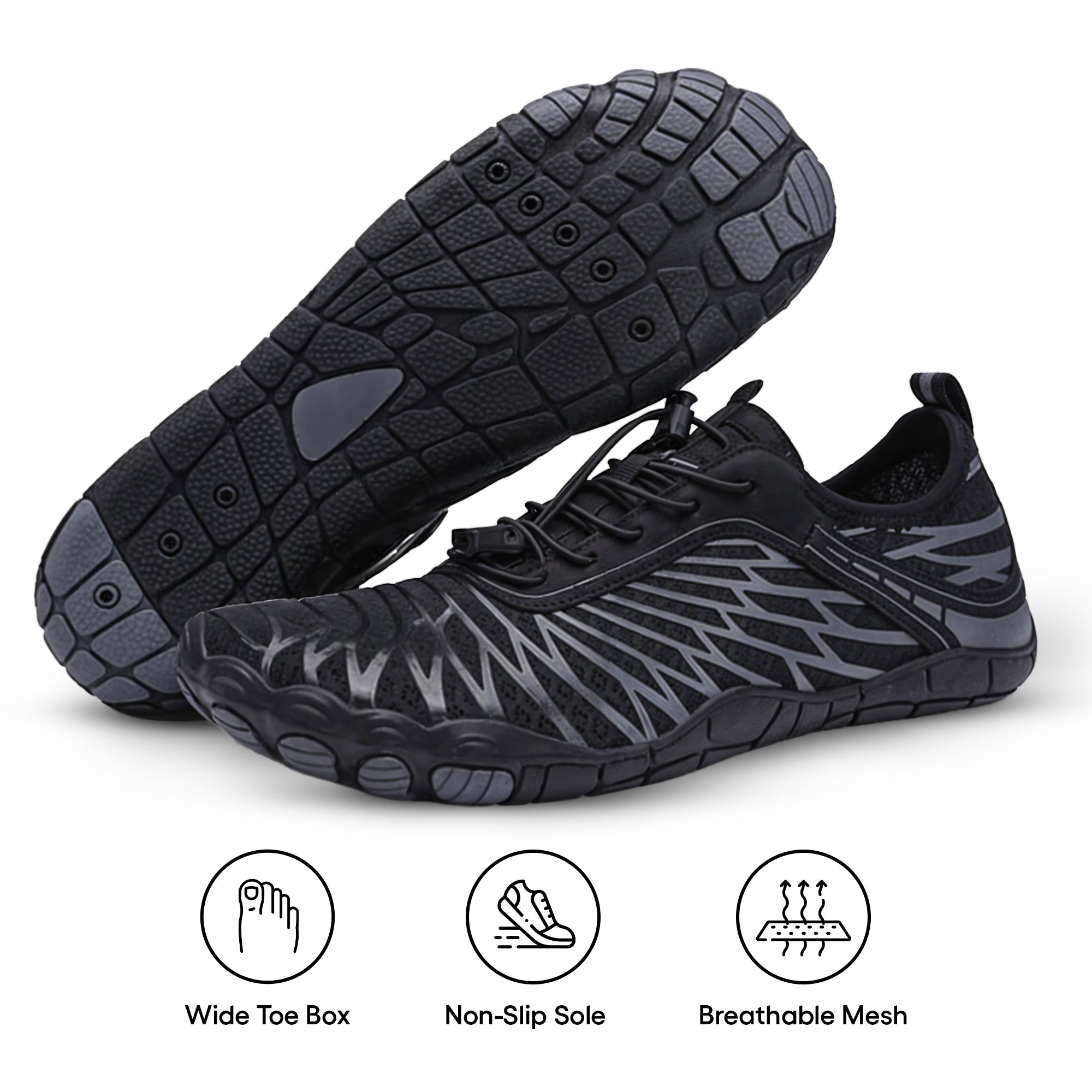 Aurenza Shop unisex barefoot shoes in black with aqua wave design, suitable for healthy feet, shown on a person's feet.