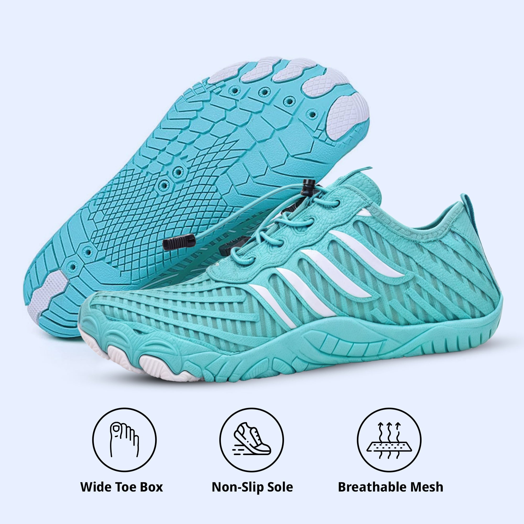 Aurenza Shop unisex black barefoot shoes with aqua wave design, suitable for healthy feet, shown on feet measuring 23.5cm in length.