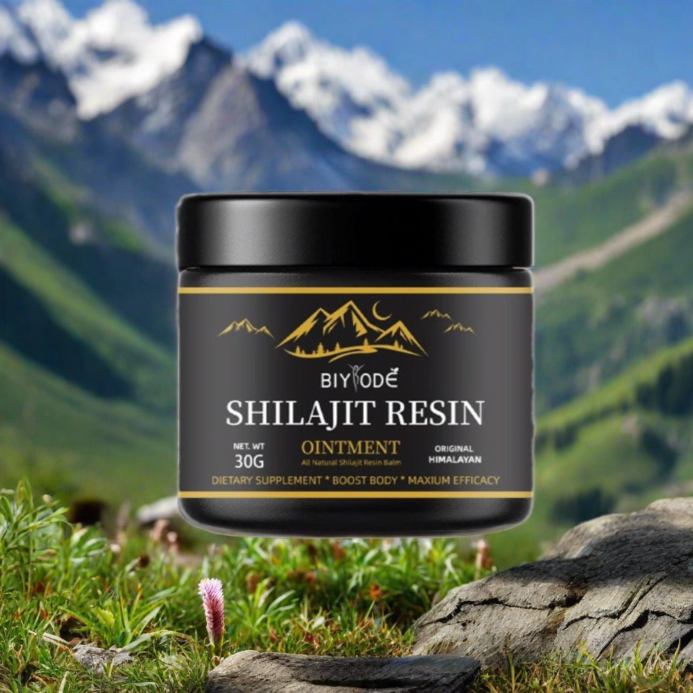 Aurenza Shop beauty Shilajit resin in a jar, showcasing the dark, sticky resin used for skincare and wellness purposes.