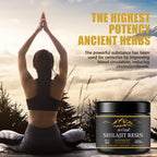 Aurenza Shop beauty Shilajit Resin jar with a natural wooden spoon, showcasing the dark, sticky resin in a glass container.