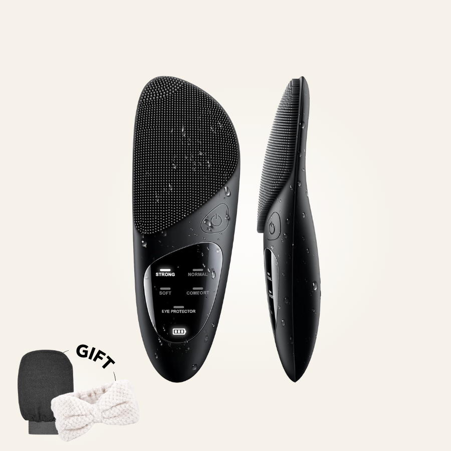 Aurenza ThermaLift 5-in-1 facial sculptor and cleanser device in black, showing its sleek design and multiple treatment heads.