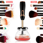 Aurenza Shop Makeup Brush Cleaner™ in black, shown with the cleaner bottle and a makeup brush for easy cleaning.