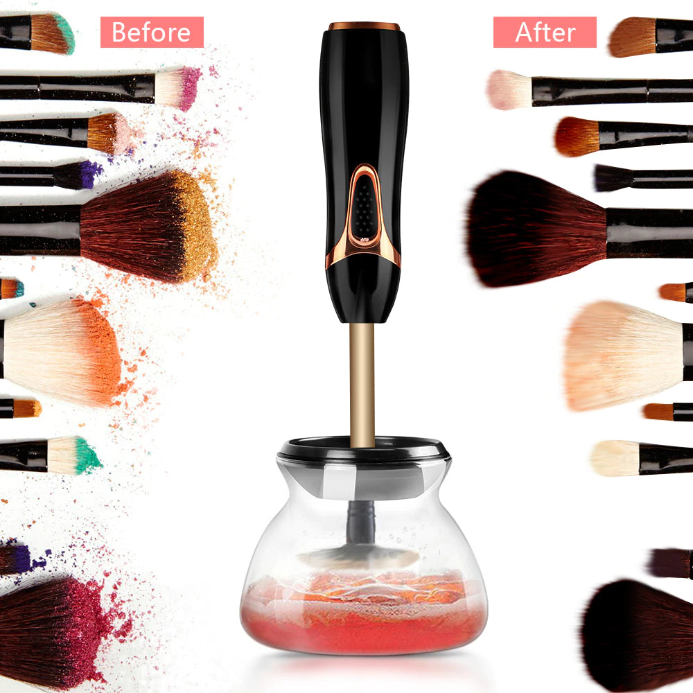 Aurenza Shop Makeup Brush Cleaner™ in black, shown with the cleaner bottle and a makeup brush for easy cleaning.