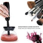 Aurenza Shop Makeup Brush Cleaner™ in black, displayed with a cleaning brush and solution in a clear container.