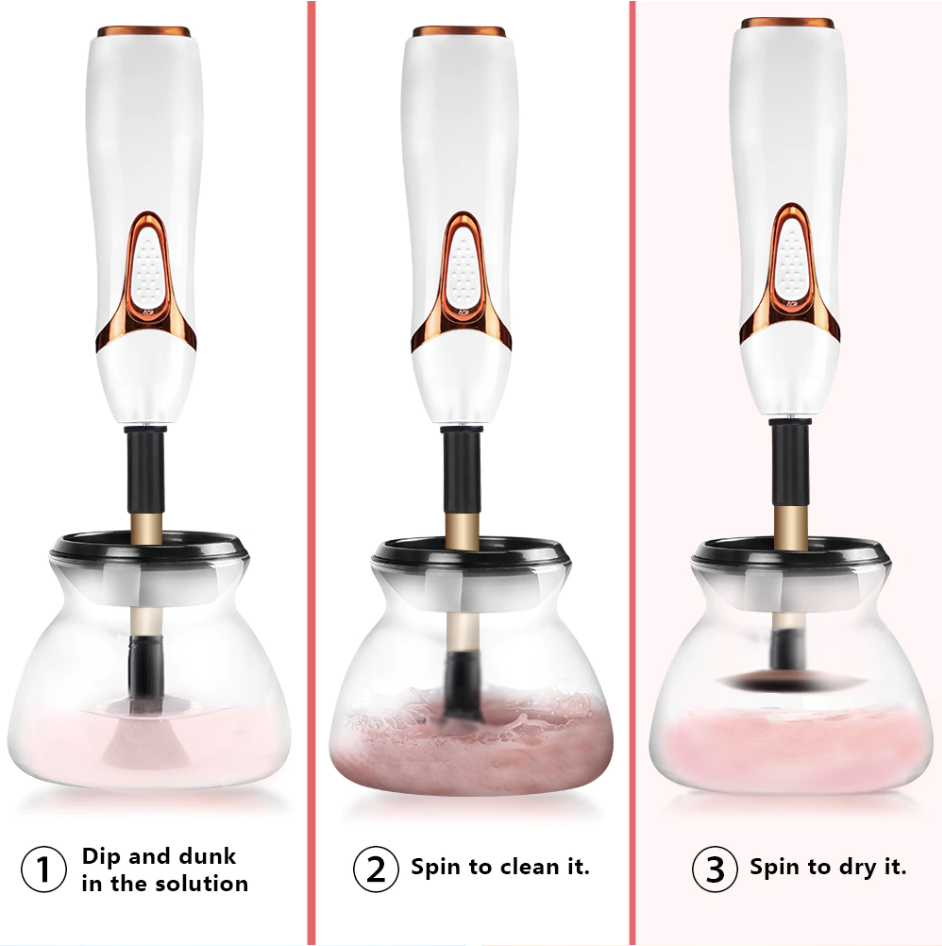 Aurenza Shop Makeup Brush Cleaner™ in black, displayed beside brushes, showcasing its compact design for cleaning makeup brushes.