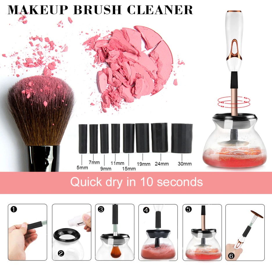 Aurenza Shop Makeup Brush Cleaner™ in black bottle, designed for cleaning makeup brushes, shown with cleaning brush in image.
