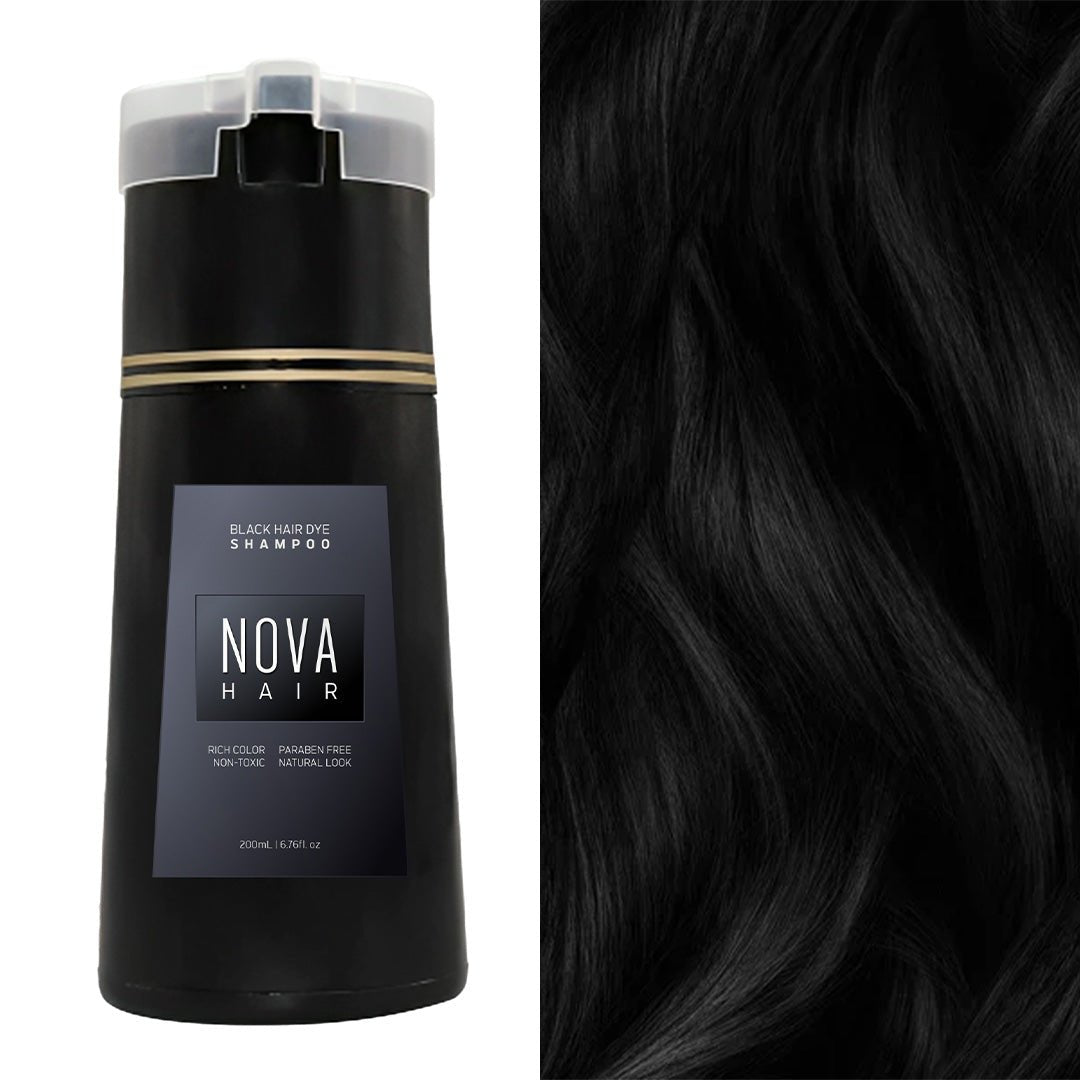 Aurenza NovaHair Instant Dye Shampoo bottle with black hair dye formula, showcasing the product label and packaging.