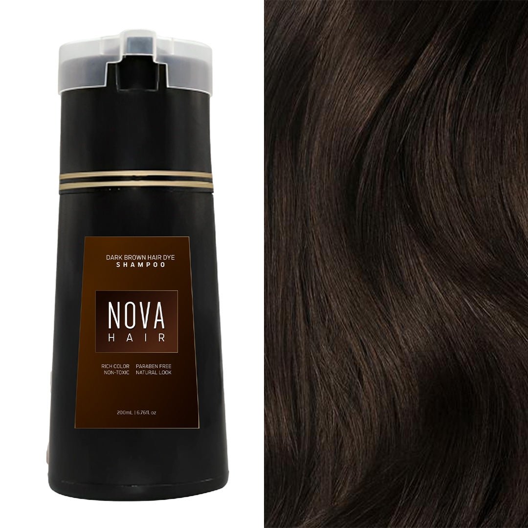 Aurenza Shop NovaHair Instant Dye Shampoo bottle with black hair dye formula, displayed in a retail setting.