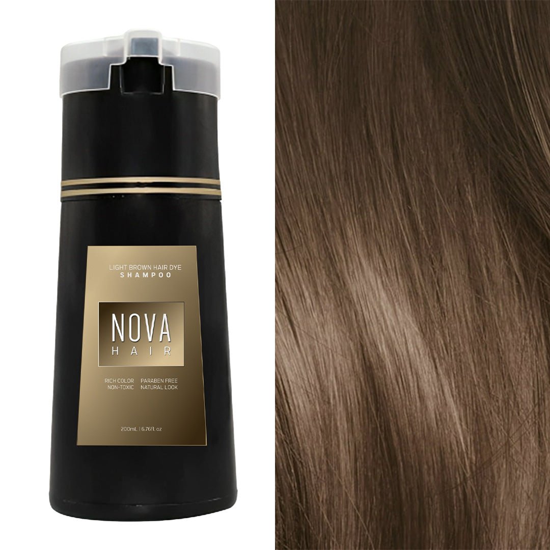 Aurenza NovaHair Instant Dye Shampoo bottle with black hair dye, showing the product label and packaging details.