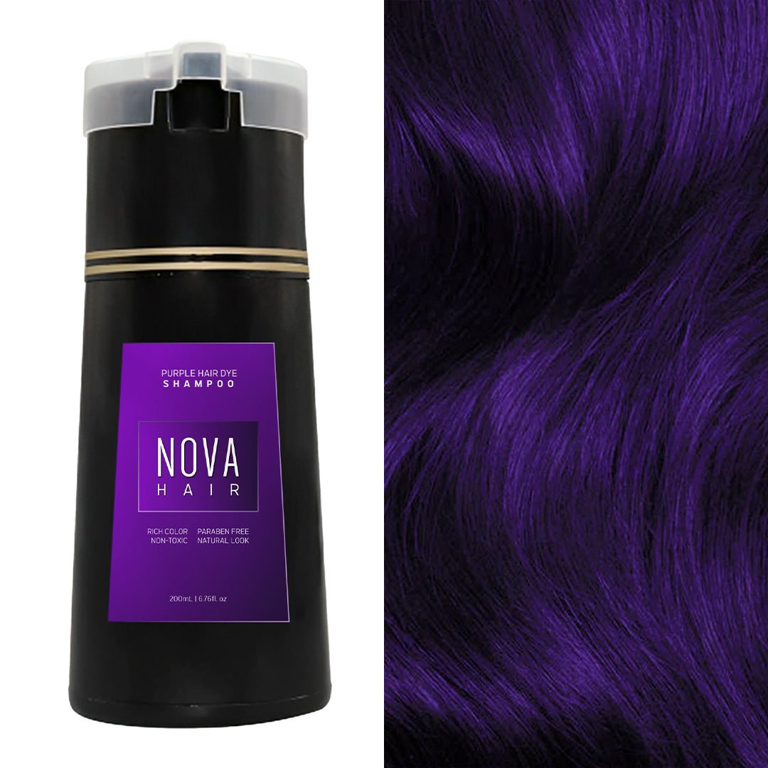 Aurenza Shop NovaHair Instant Dye Shampoo bottle with black hair dye, showcasing the product label and packaging.