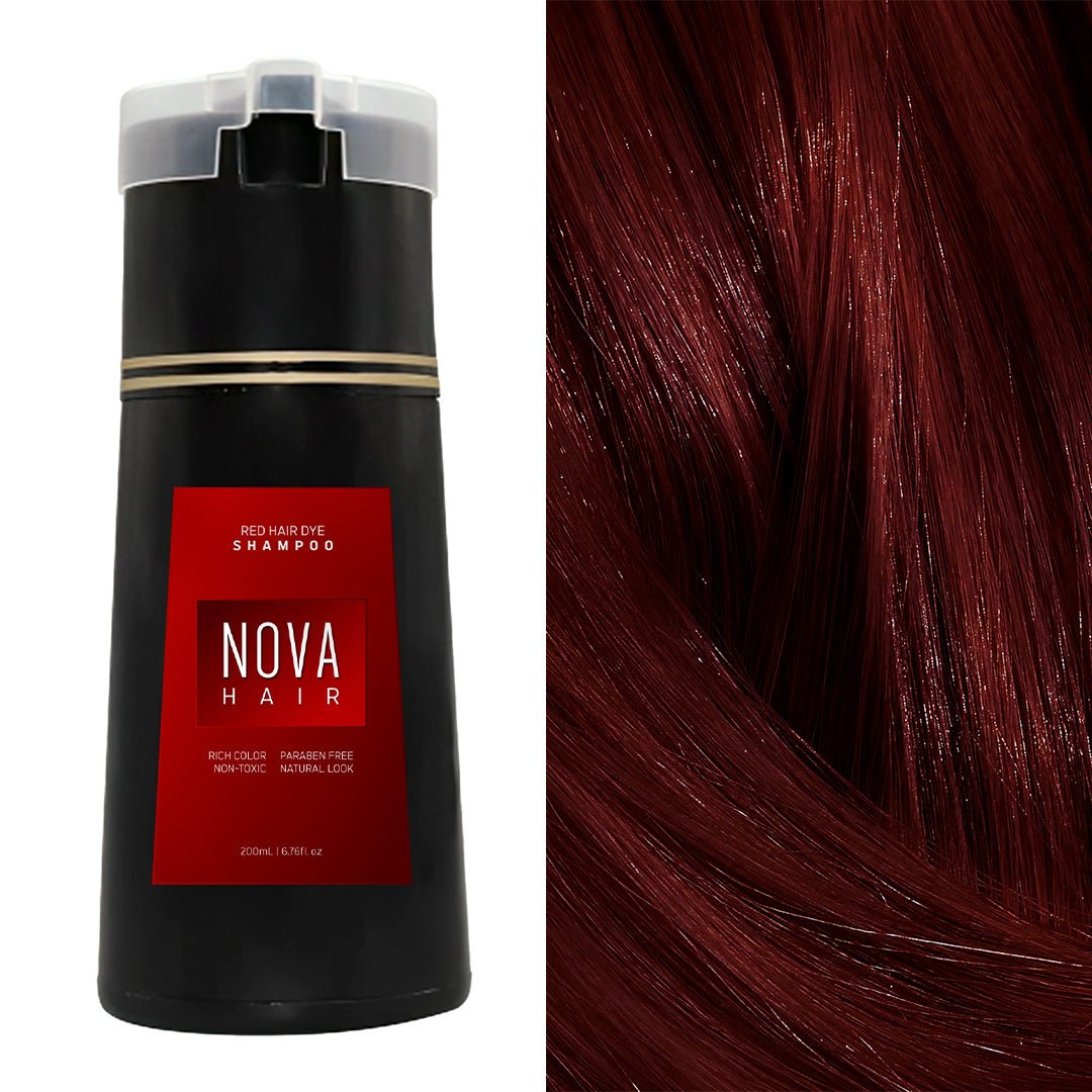 Aurenza Shop NovaHair Instant Dye Shampoo bottle with black hair dye formula and vibrant packaging.