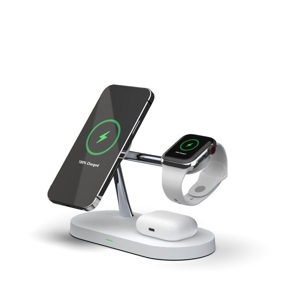 Black Aurenza Shop QuadBase 4-in-1 wireless charger with MagSafe for iPhone, Apple Watch, and AirPods, compact and versatile.