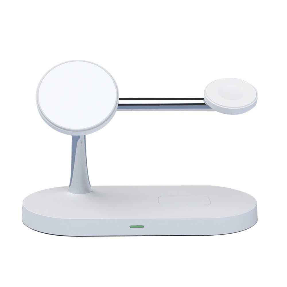 Aurenza Shop QuadBase 4-in-1 wireless charger with MagSafe for iPhone, Apple Watch, AirPods, featuring a sleek black design.
