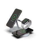 Aurenza Shop black QuadBase 4-in-1 wireless charger with MagSafe charging pads and device stands for multiple gadgets.