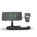 Aurenza Shop Black QuadBase 4-in-1 Wireless Charger with MagSafe charging iPhone, Apple Watch, AirPods, and more.