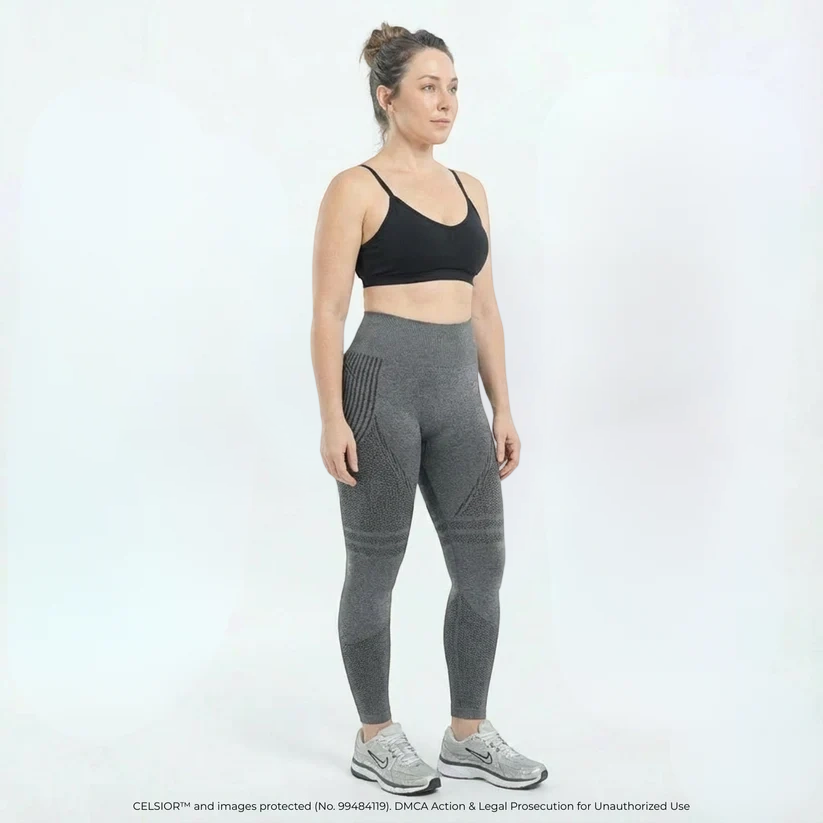 Black high-waisted yoga tights from Aurenza Shop with hip-lifting design and quick-drying, elastic material for active wear.