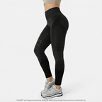 Black high-waisted yoga tights from Aurenza Shop with hip lifting design and quick-drying elastic fabric, shown on a model.