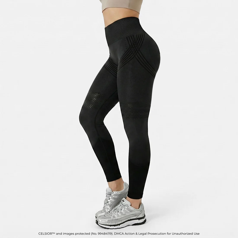 Black high-waisted yoga tights from Aurenza Shop with hip lifting design and quick-drying elastic fabric, shown on a model.