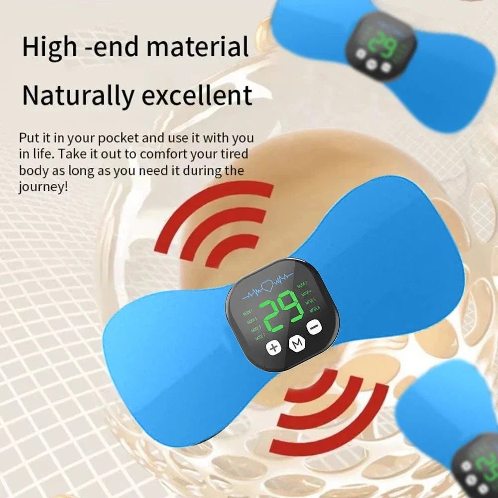 Blue EMS neck massager by Aurenza Shop with pulse therapy, portable electric design, suitable for neck and shoulder muscle relief.