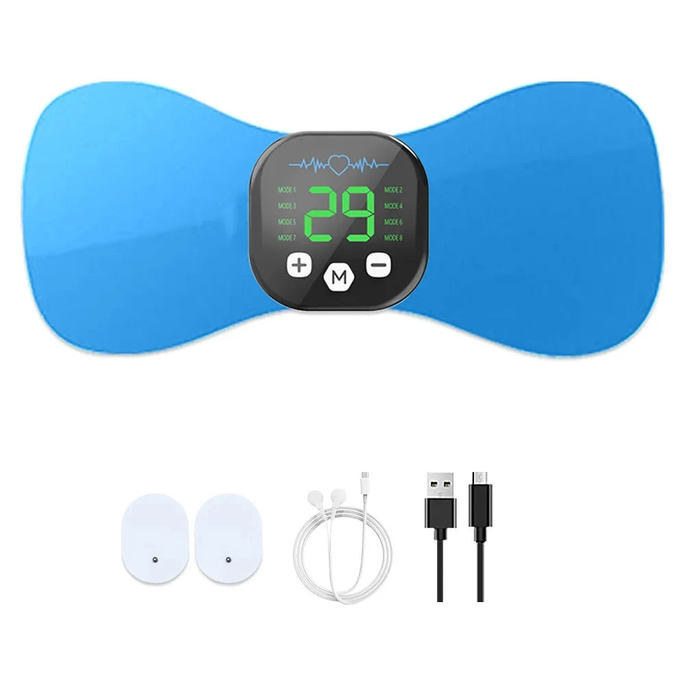 Blue EMS neck massager with pulse from Aurenza Shop, portable electric TENS therapy device for neck and shoulder relief.