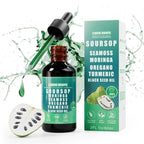 10 in 1 Soursop Bitters liquid drops by Aurenza Shop, featuring sea moss, moringa, turmeric, and black seed in a clear bottle.
