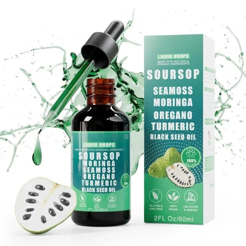 10 in 1 Soursop Bitters liquid drops by Aurenza Shop, featuring sea moss, moringa, turmeric, and black seed in a clear bottle.