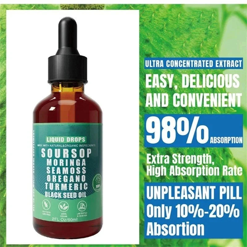 10 in 1 Soursop Bitters liquid drops with sea moss, moringa, turmeric, black seed, in a glass dropper bottle.