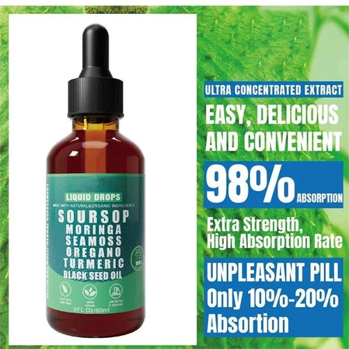 10 in 1 Soursop Bitters liquid drops with sea moss, moringa, turmeric, black seed, in a glass dropper bottle.