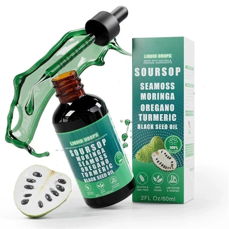 10 in 1 Soursop Bitters liquid drops with sea moss, moringa, turmeric, and black seed, featuring a dropper bottle from Aurenza Shop.